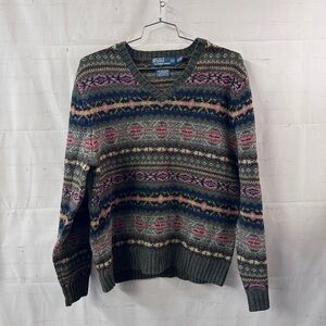 Polo Ralph Lauren Lambswool Alpaca Fair Isle V Neck Sweater VTG XL